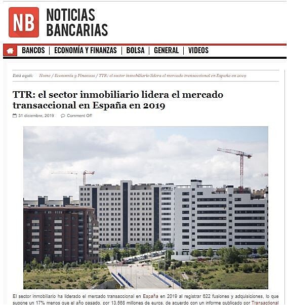 TTR: el sector inmobiliario lidera el mercado transaccional en Espaa en 2019